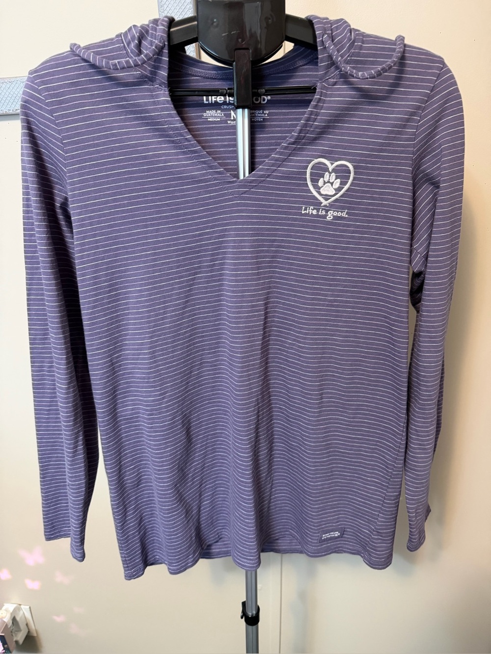 Life is Good Striped Long Sleeve Hoodie Tee Pet Paw Heart Purple Medium
